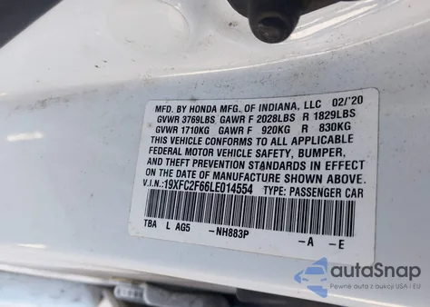 2020 Honda Civic Lx from USA, damaged, VIN 19XFC2F66LE014554